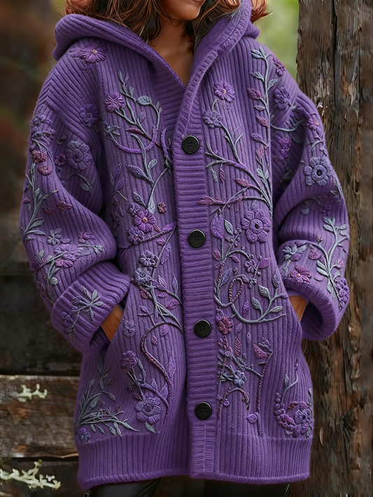 Cardigan épaissi à fleurs violettes pour femmes