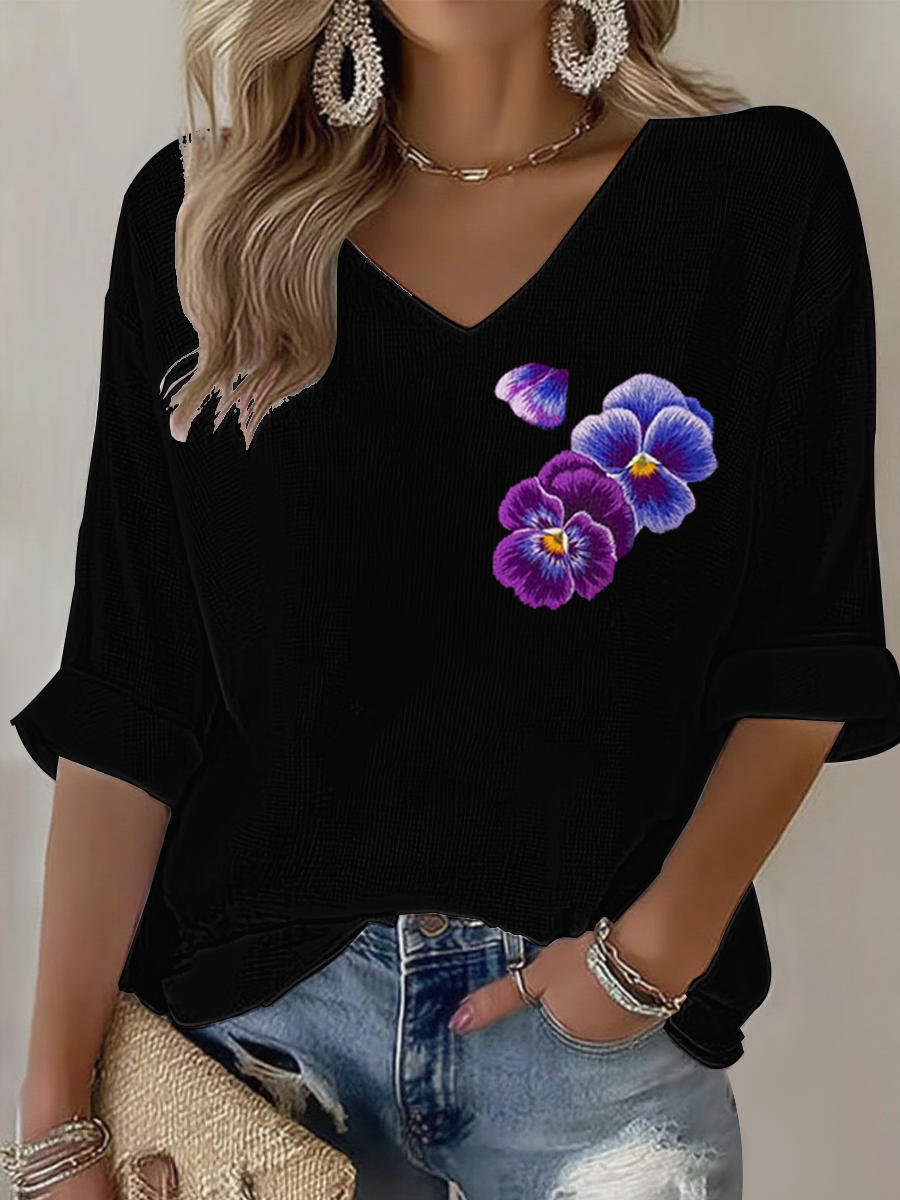 Fleurs violettes Art Design Imprimer Waffle T-shirt à manches longues pour femmes