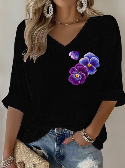 Fleurs violettes Art Design Imprimer Waffle T-shirt à manches longues pour femmes