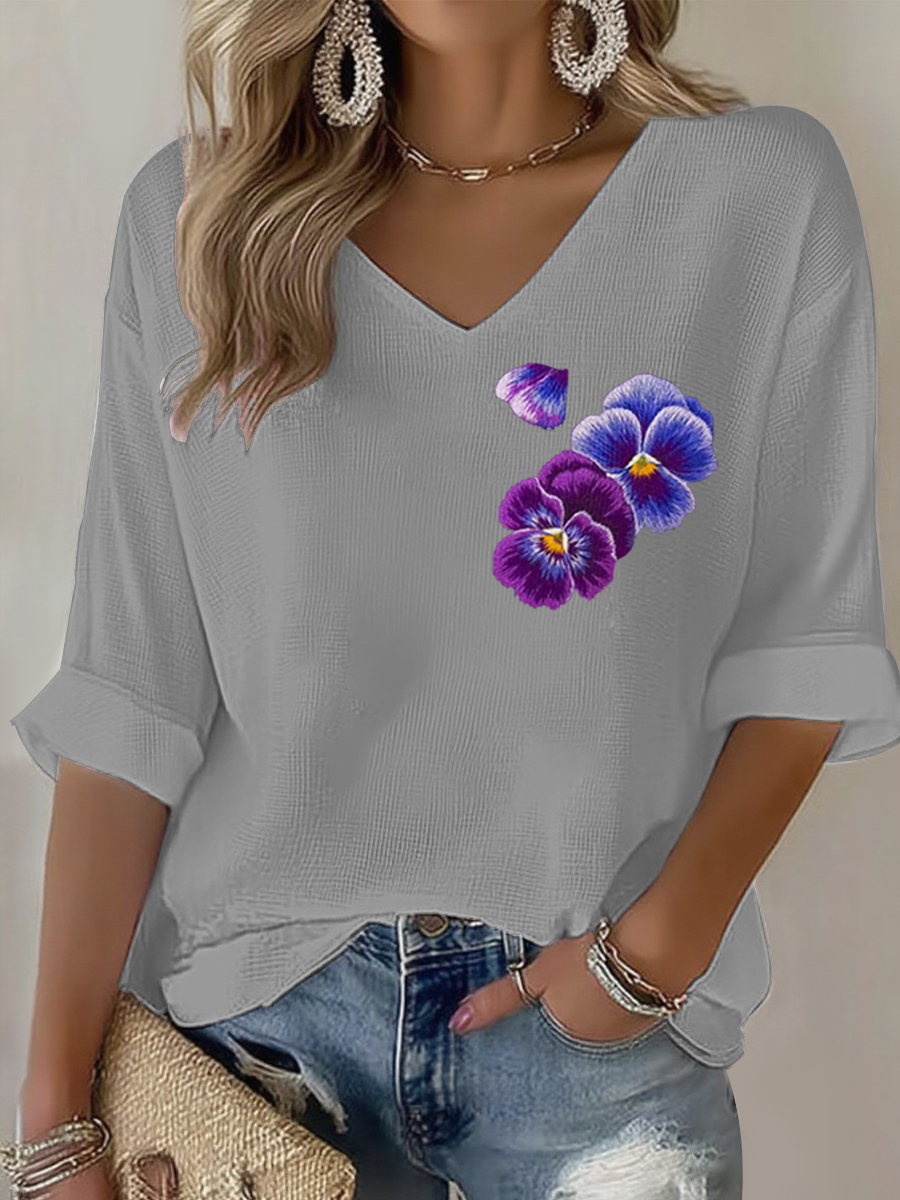 Fleurs violettes Art Design Imprimer Waffle T-shirt à manches longues pour femmes