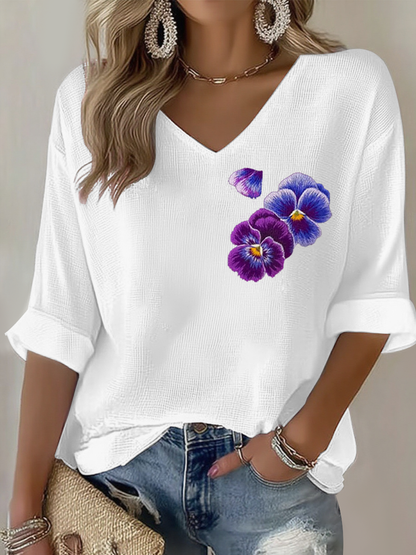 Fleurs violettes Art Design Imprimer Waffle T-shirt à manches longues pour femmes