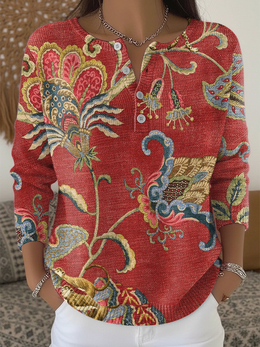 Pull à col Henley Femme Rouge Vintage Floral