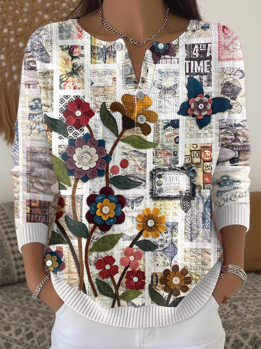 Pull Femme Imprimé Patchwork Floral Henley Neck