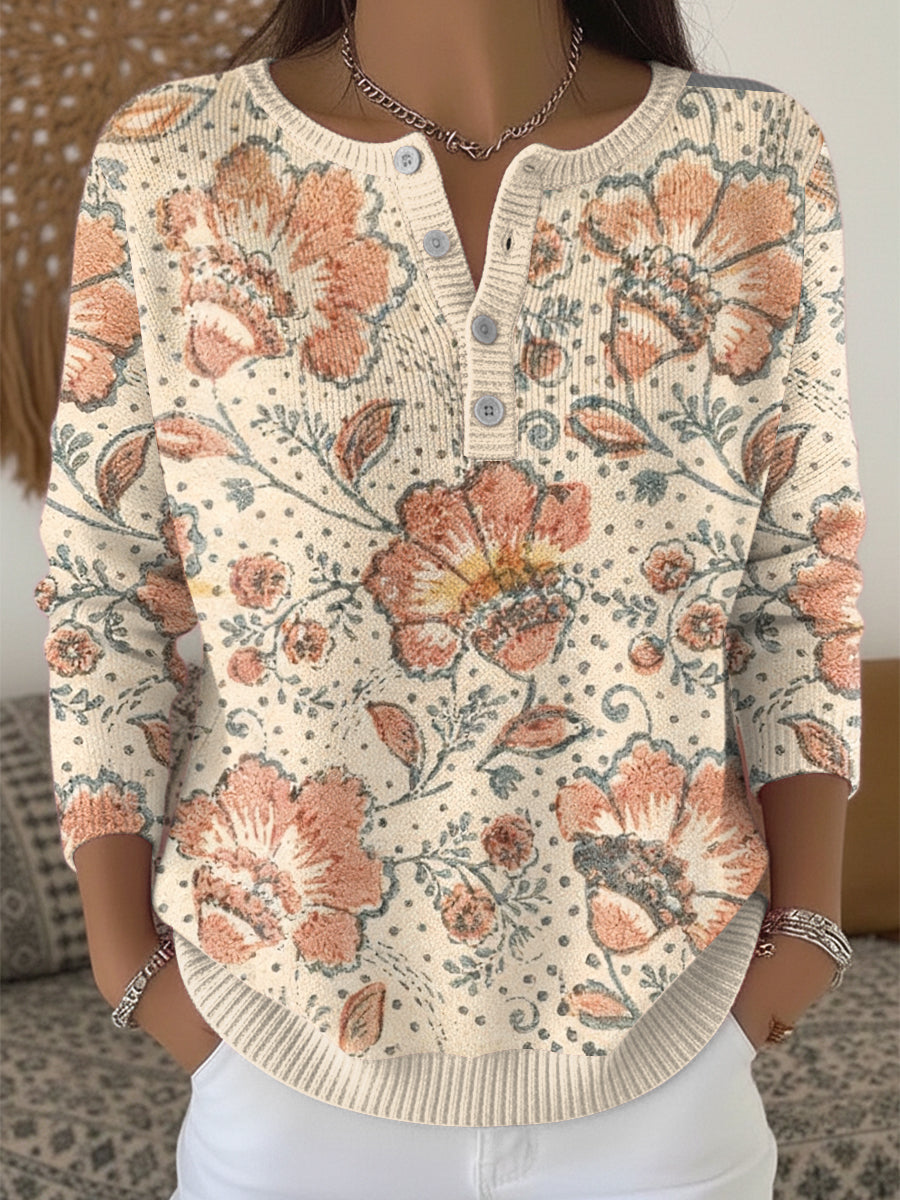 Pull à col Henley élégant à fleurs abricot pour femmes