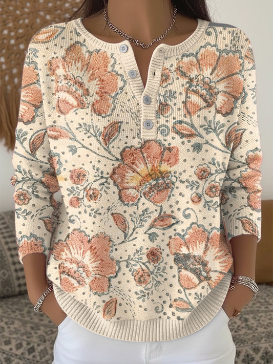 Pull à col Henley élégant à fleurs abricot pour femmes
