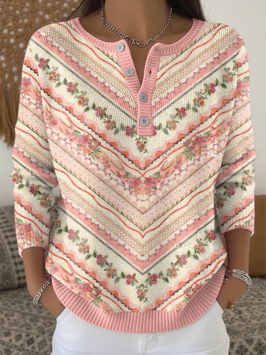 Pull col Henley Femme Rose Rayé Floral
