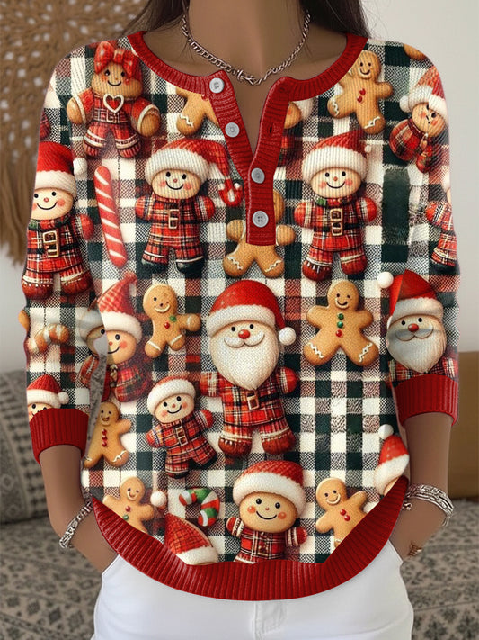 Pull à col Henley à carreaux de Noël pour femmes
