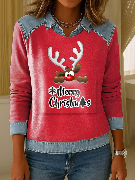 Sweat-shirt Femme Motif Floral Patchwork Col à Revers Patchwork