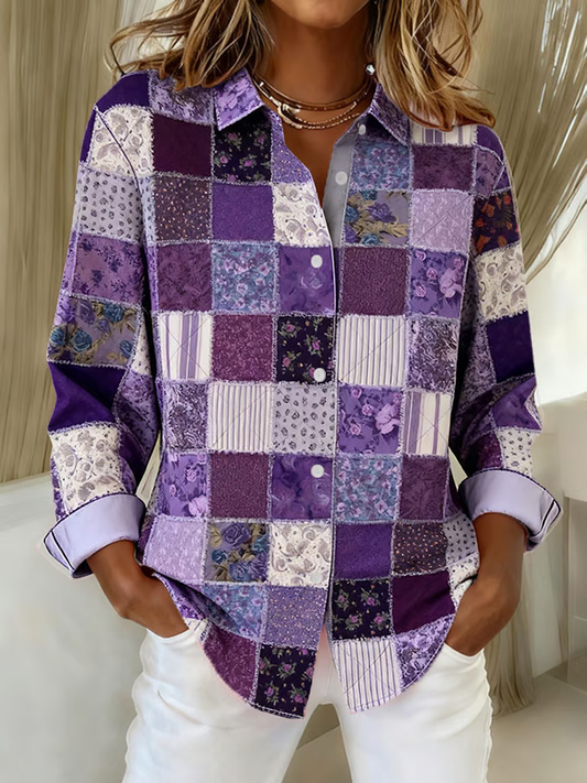 Chemise Décontractée à Imprimé Patchwork Violet pour Femmes