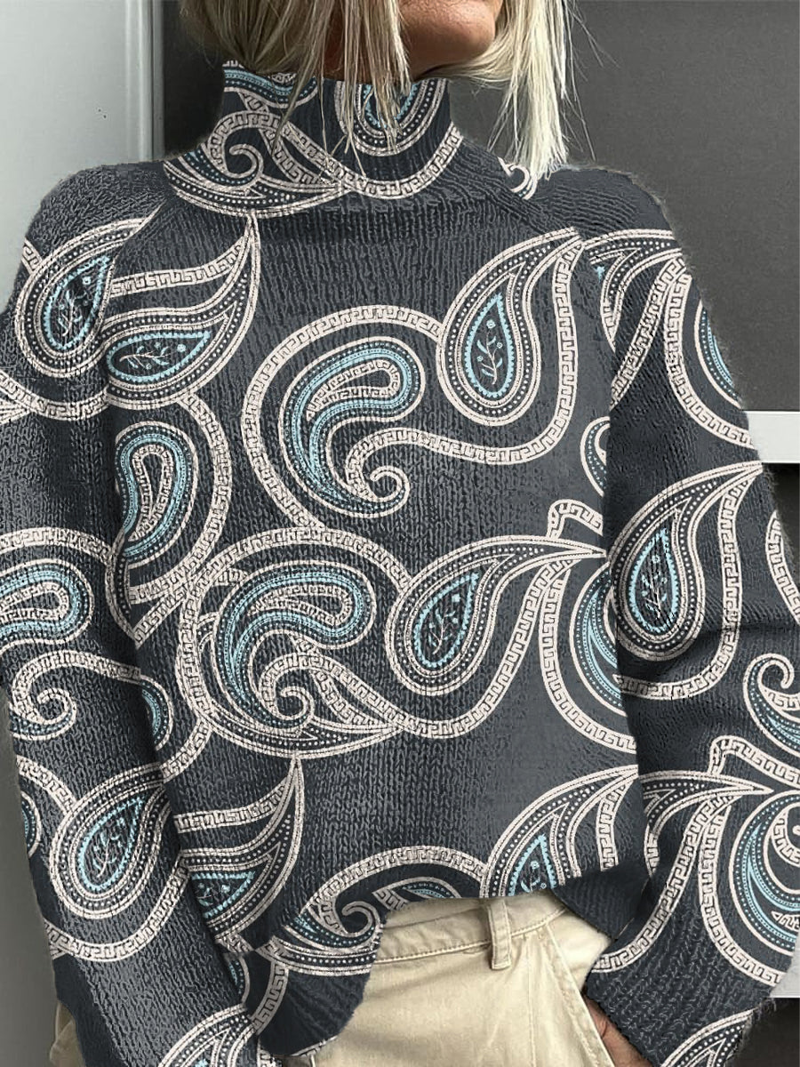 Pull Femme Bleu Marine Paisley À Col Roulé