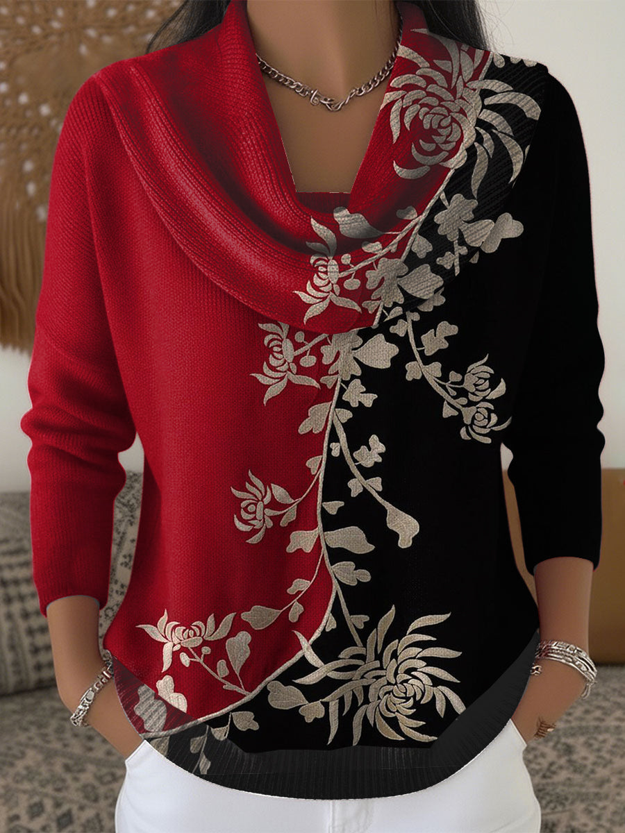 Pull Femme Noir Et Rouge Floral À Col Bénitier