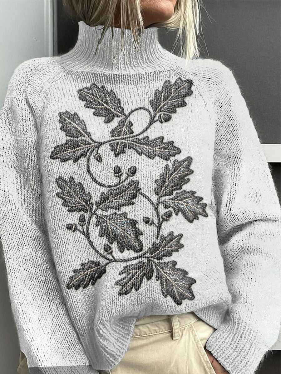 Pull Décontracté Femme Gris Feuille À Col Roulé