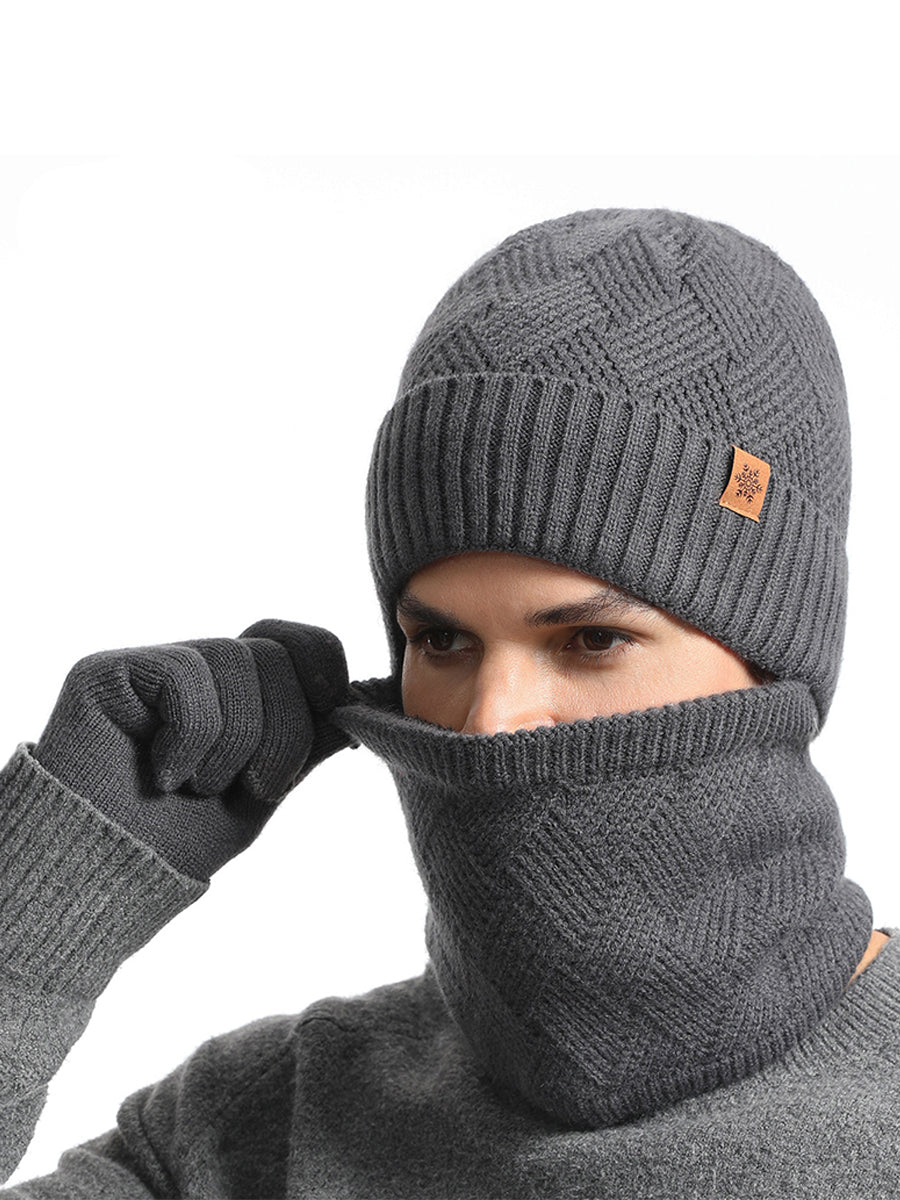 Ensemble de trois pièces bonnet, écharpe et gants tricotés pour hommes