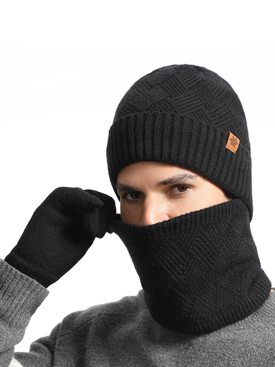 Ensemble de trois pièces bonnet, écharpe et gants tricotés pour hommes