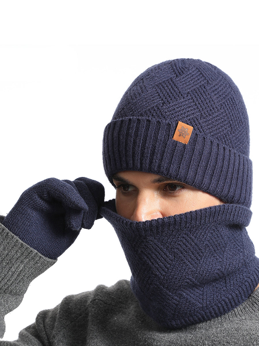 Ensemble de trois pièces bonnet, écharpe et gants tricotés pour hommes