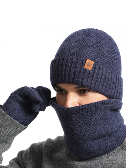 Ensemble de trois pièces bonnet, écharpe et gants tricotés pour hommes