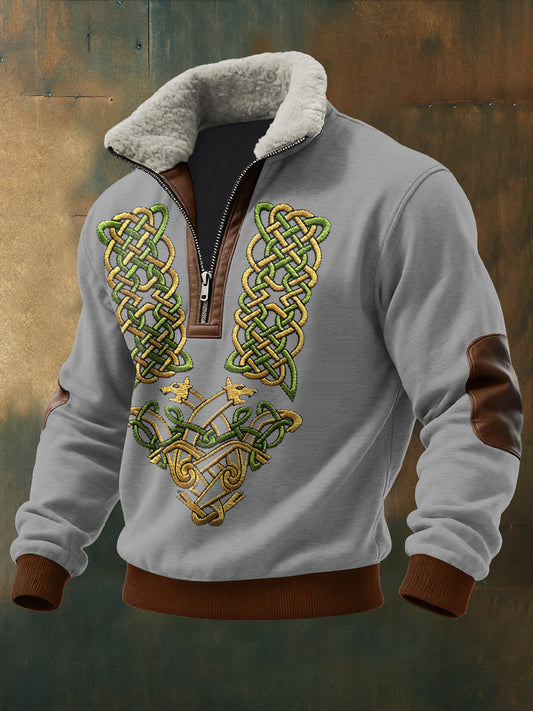 Hommes Viking Totem Imprimé à manches longues Stand Up Collar Lambhair Zipper Top
