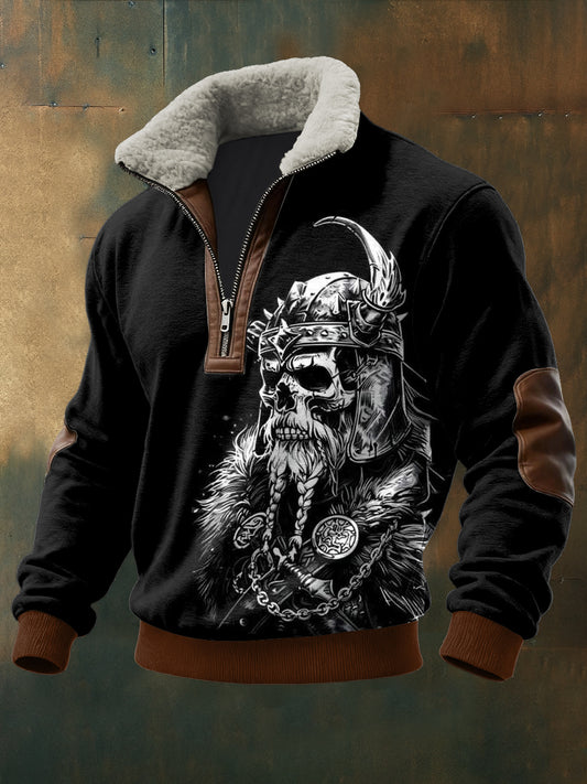 Viking Warrior Skull imprimé à manches longues pour hommes Stand Up Collar Lambhair Zipper Top