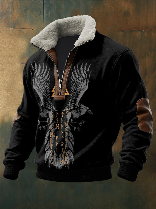 Hommes Viking Totem Imprimé à manches longues Stand Up Collar Lambhair Zipper Top