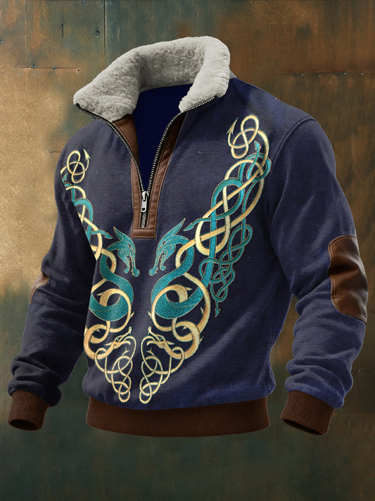 Hommes Viking Totem Imprimé à manches longues Stand Up Collar Lambhair Zipper Top