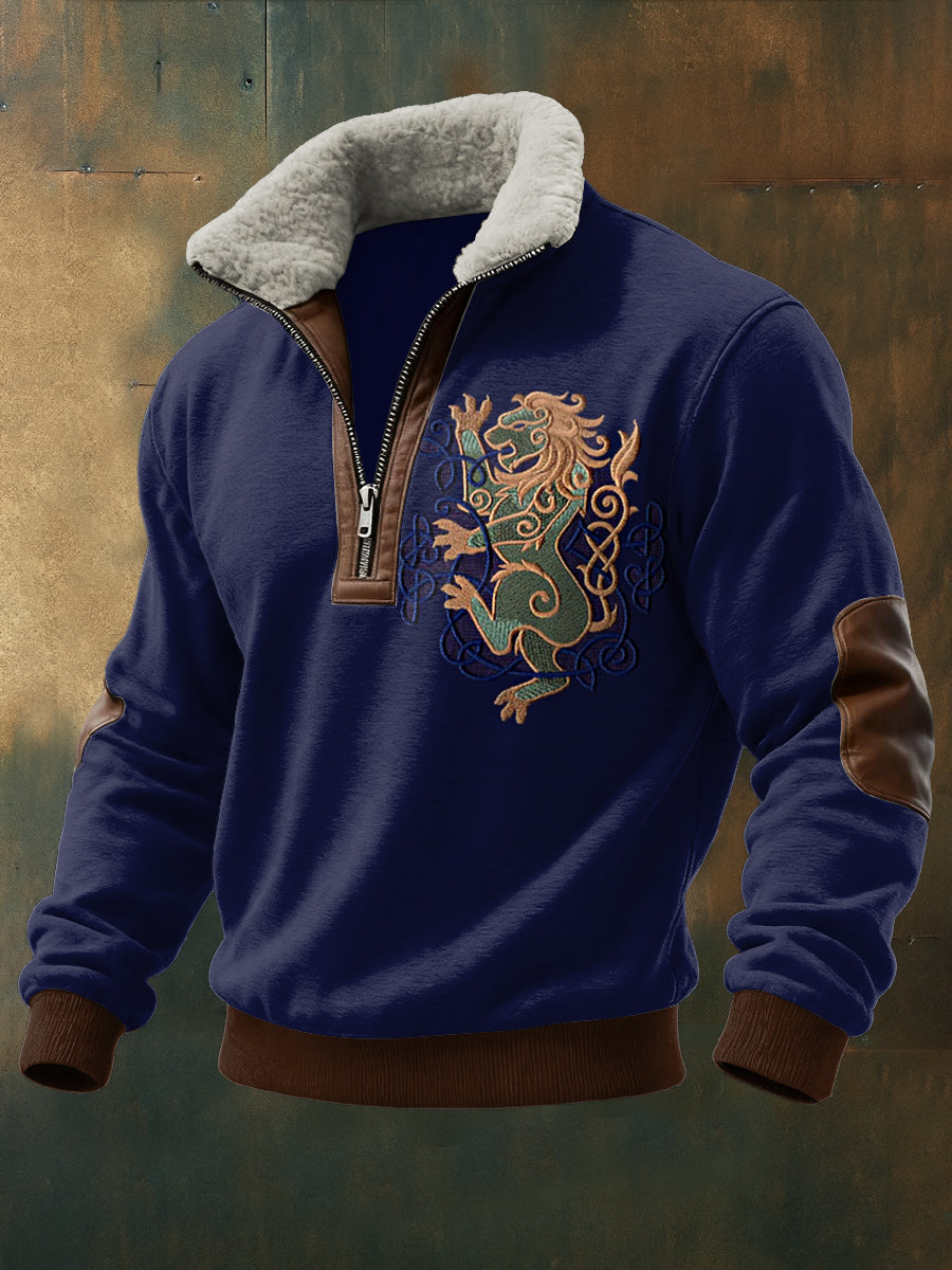 Hommes Viking Totem Imprimé à manches longues Stand Up Collar Lambhair Zipper Top