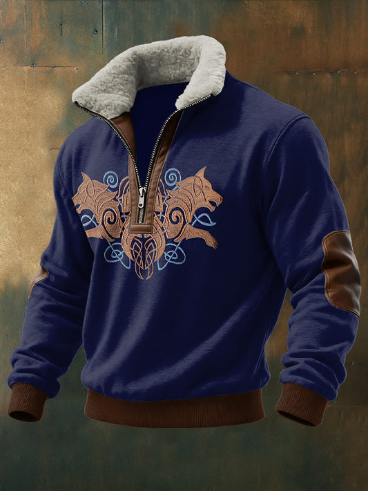 Hommes Viking Totem Imprimé à manches longues Stand Up Collar Lambhair Zipper Top