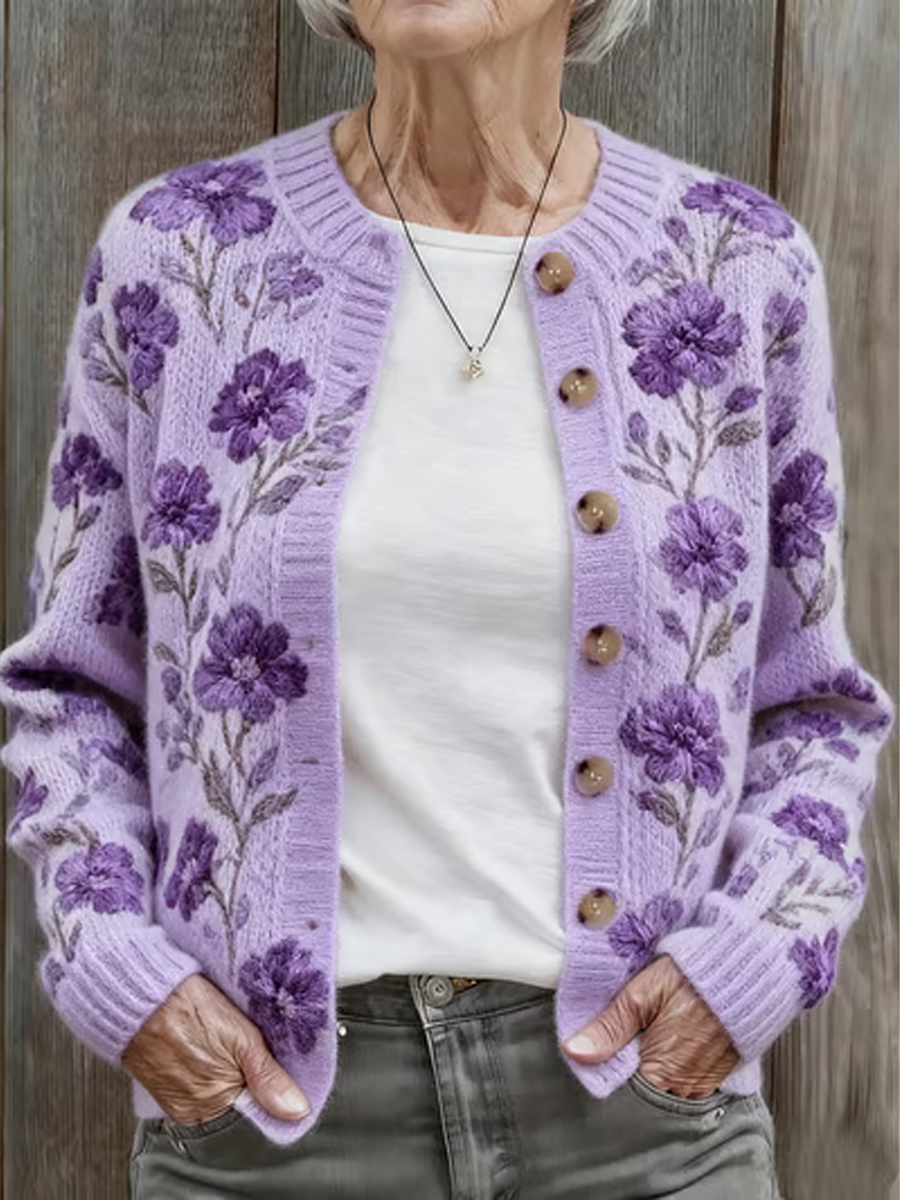 Femmes Automne et Hiver Violet Floral Confortable Chaud Pull Cardigan