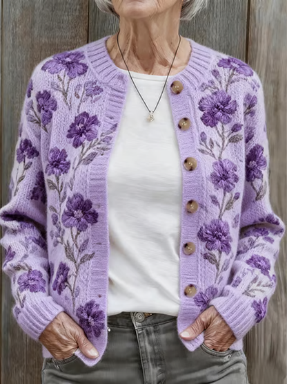 Femmes Automne et Hiver Violet Floral Confortable Chaud Pull Cardigan