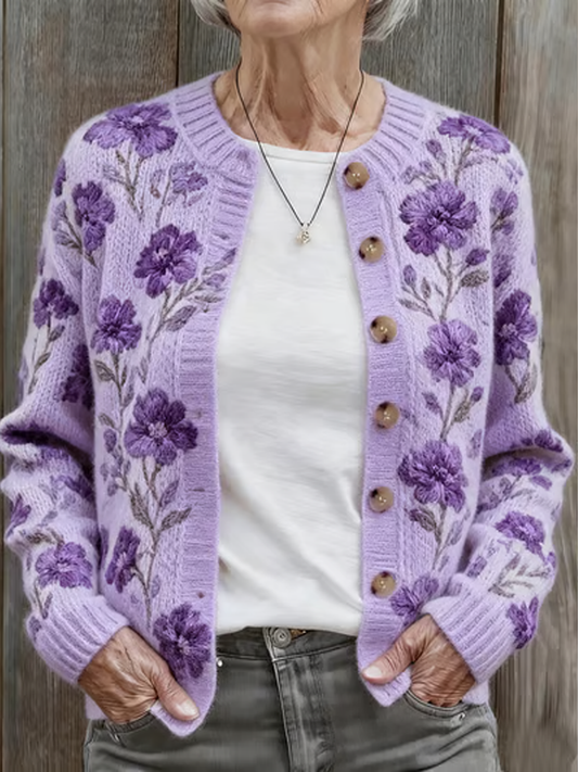 Femmes Automne et Hiver Violet Floral Confortable Chaud Pull Cardigan