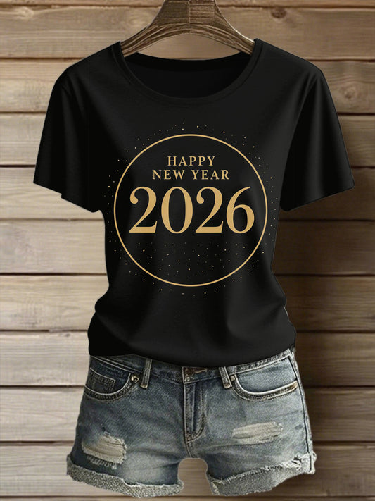 Nouvel an imprimé Vintage Fashion lâche T-shirt à manches courtes pour femmes