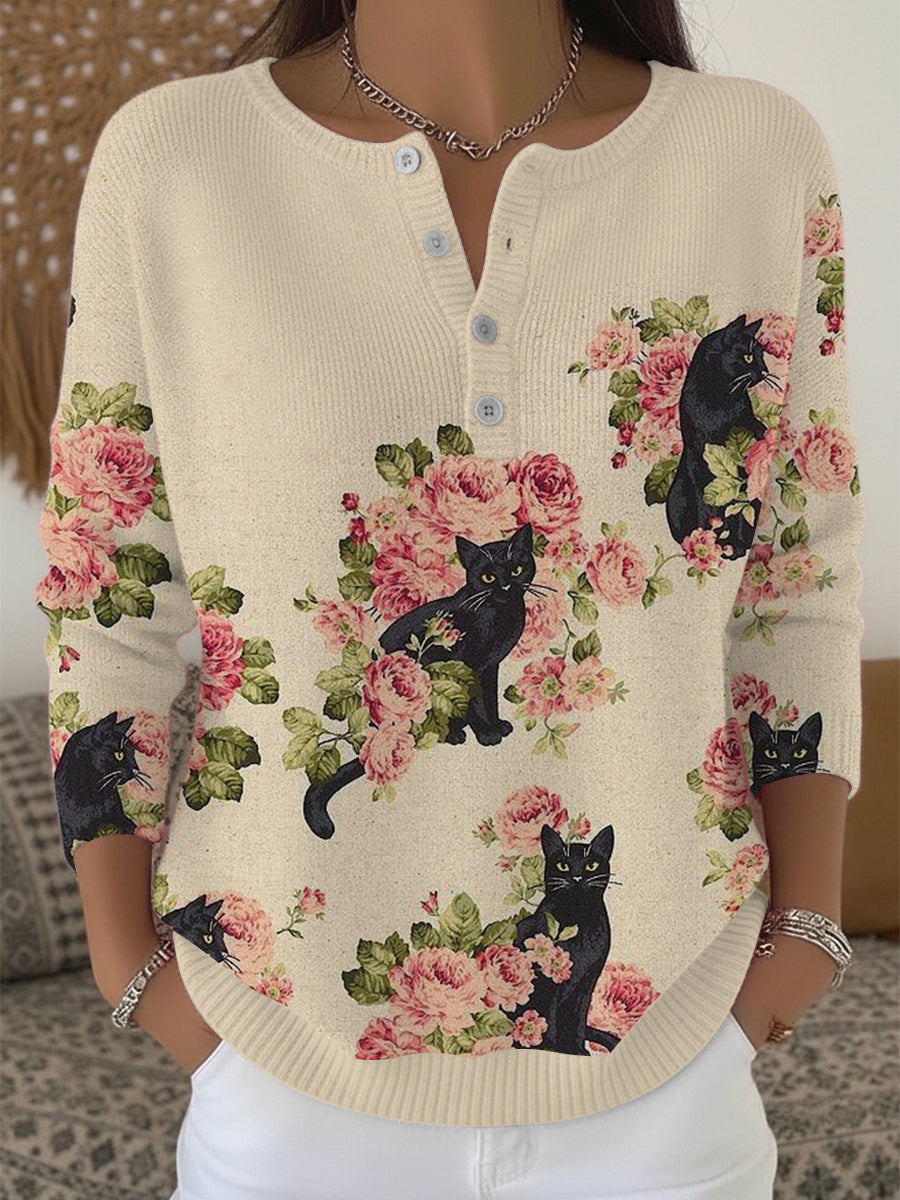 Pull Henley Romantic Cat & Rose Print Femme