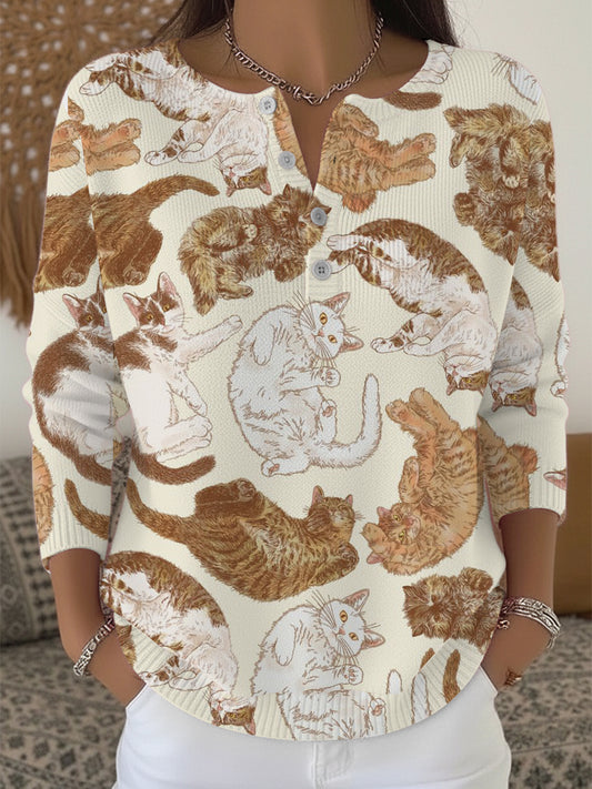 Chandail Henley Mignon Multi-Cat Print Femme