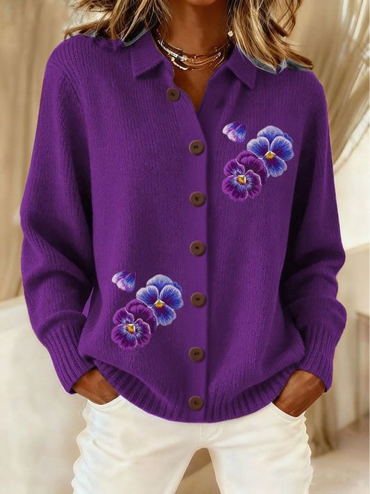 Cardigan en tricot de bouton à revers violet pour femmes