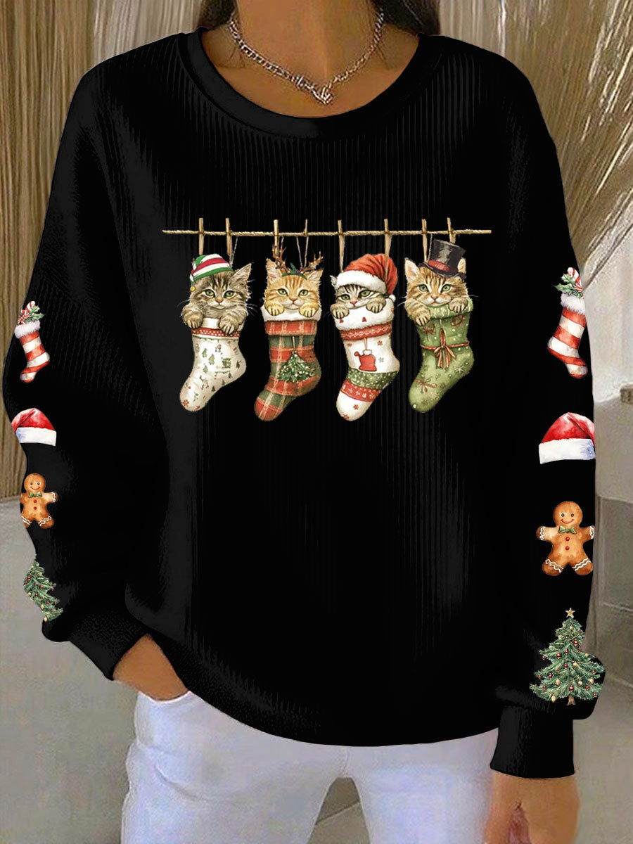 Sweat-shirt Femme Imprimé Quatre Chats de Noël Côtelé Col Rond