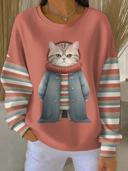Sweat-shirt décontracté pour femmes mignon hiver chat imprimé chat amoureux