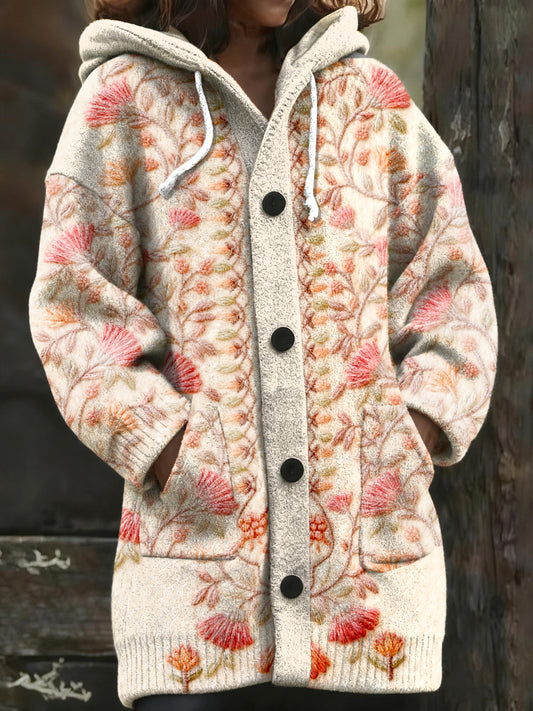 Veste à capuche mi-longue à fleurs rose clair pour femme