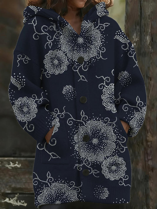 Manteau long à capuche imprimé floral bleu marine élégant pour femmes