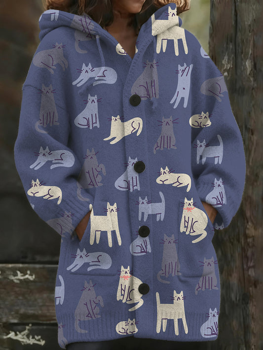 Manteau long à capuche à imprimé chat charmant pour femme