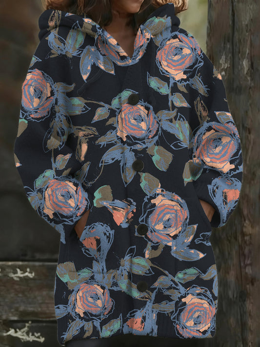 Manteau long à capuche imprimé floral artistique rose pour femme