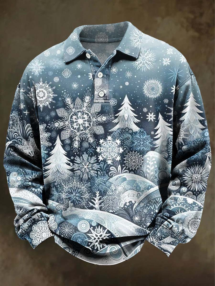Polo Décontracté de Noël Flocon de Neige Imprimé à Manches Longues
