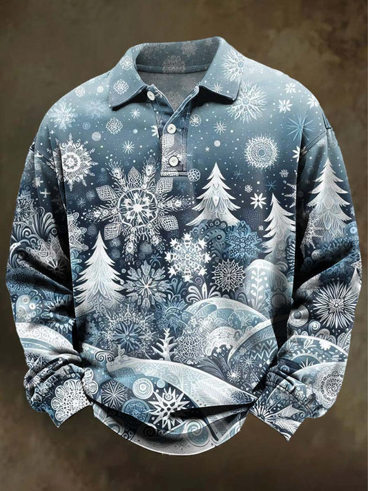 Polo Décontracté de Noël Flocon de Neige Imprimé à Manches Longues