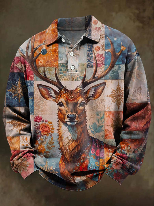 Polo Décontracté Renne de Noël Imprimé à Manches Longues