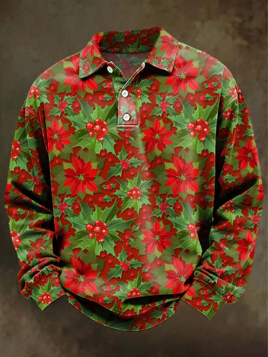 Polo Décontracté à Manches Longues Imprimé Houx de Noël