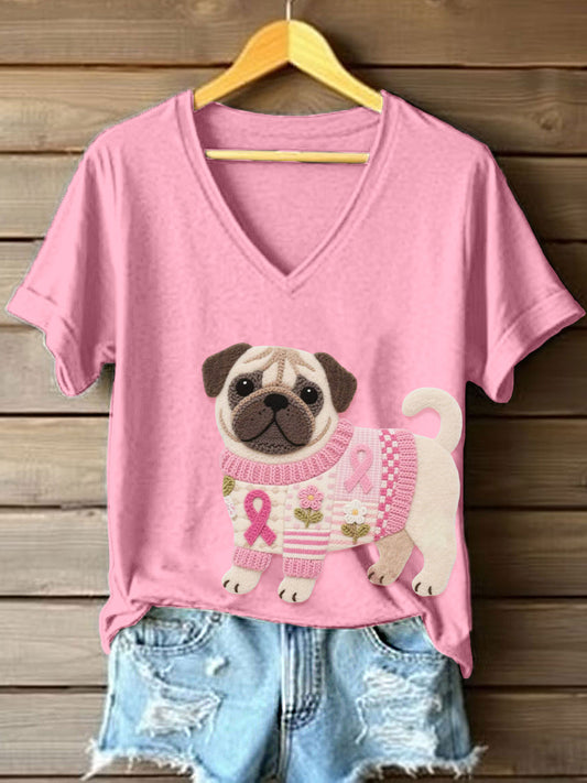 Feutre Art Pug Motif V-Neck T-Shirt des femmes