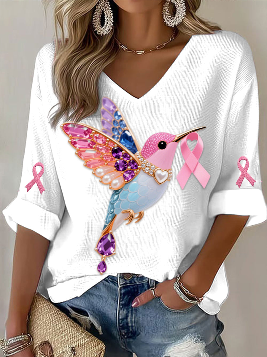 Rétro Cancer Du Sein Perle Diamant Multicolore Colibri Abstrait Imprimer Casual Coton Gaufre À Manches Longues T-Shirt