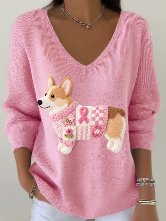 Femmes Feutre Art Corgi Motif V-Neck Haut côtelé