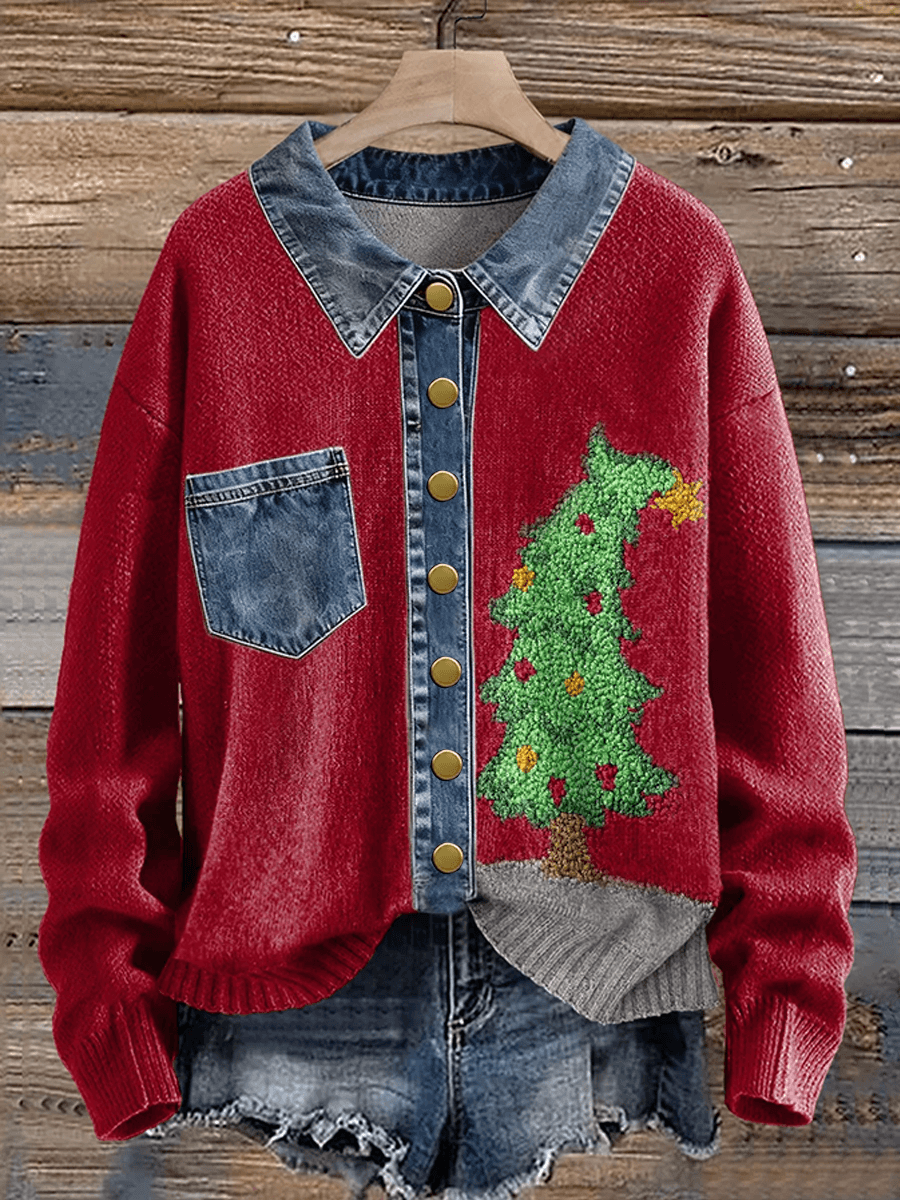 Arbre de Noël Vintage des femmes Denim revers bouton Pull