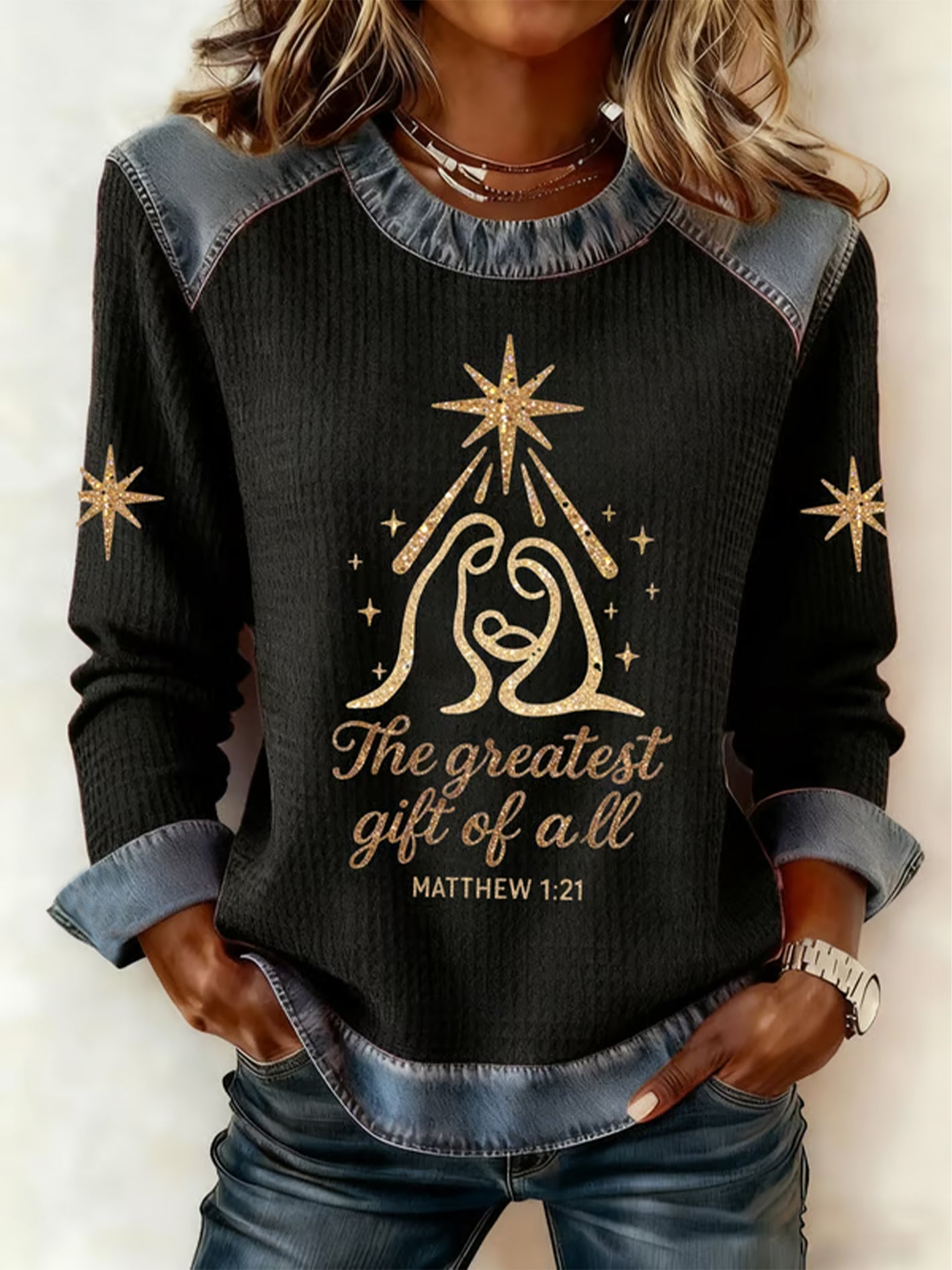 Women's Christmas Belief Imprimer Waffle Sweatshirt