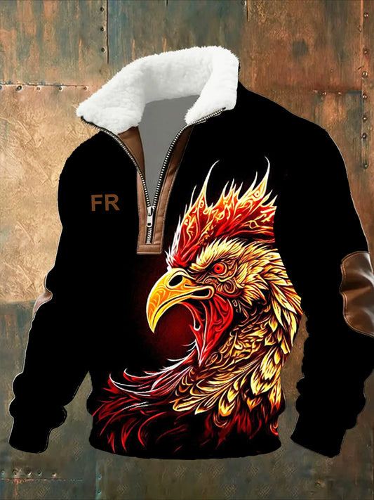 Sweat-shirt décontracté imprimé vintage pour homme avec col en polaire