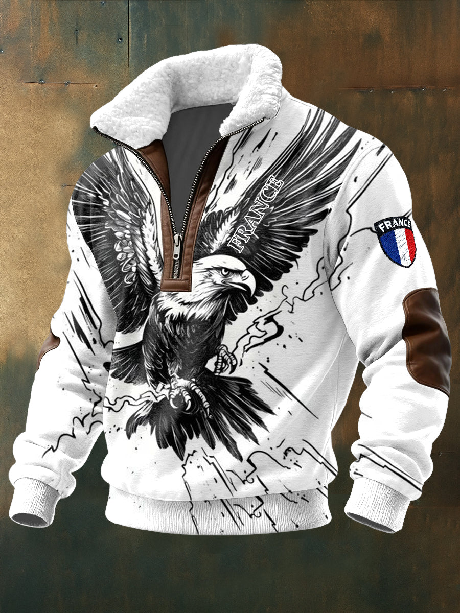 Homme Noir et Blanc Français Aigle Imprimer Stand Collar Sweatshirt